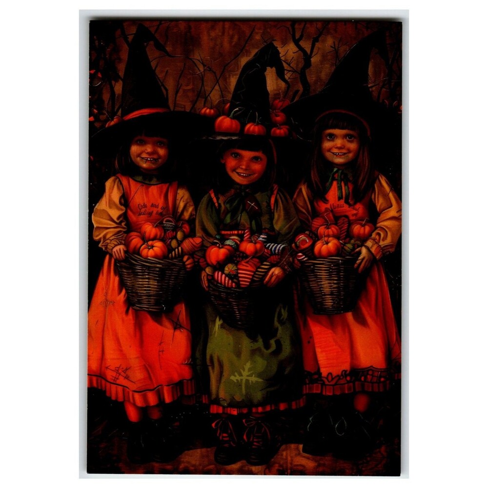 Vintage Halloween Witches Girls Postcard Baskets Pumpkins Treats Early 1900s